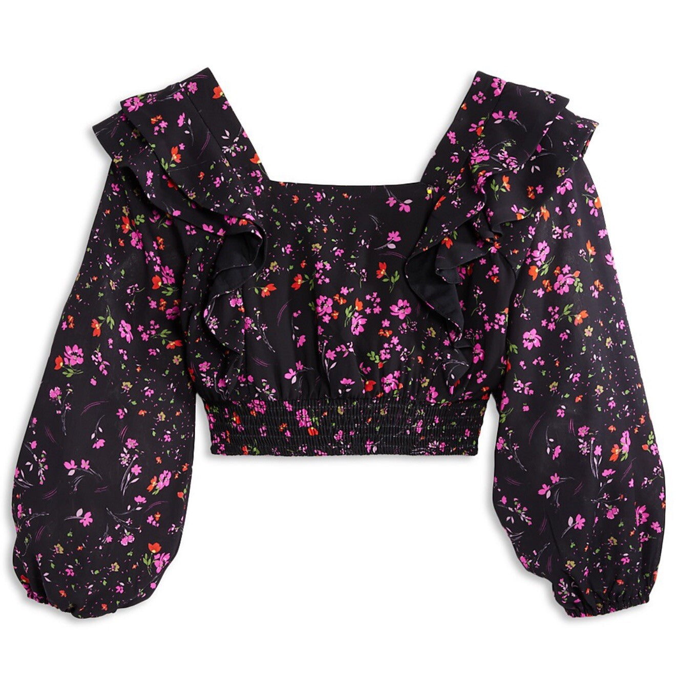 Aqua Girls Floral Print Ruffled Top Big Kid Exclusive Color Black Multi L 10/12
