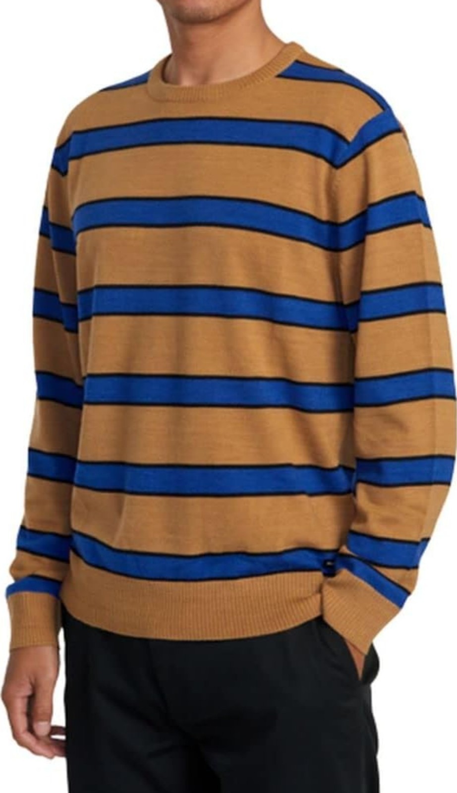 RVCA Mens Regular Fit Pullover Crewneck Sweater Alex StripeButterscotch Large 