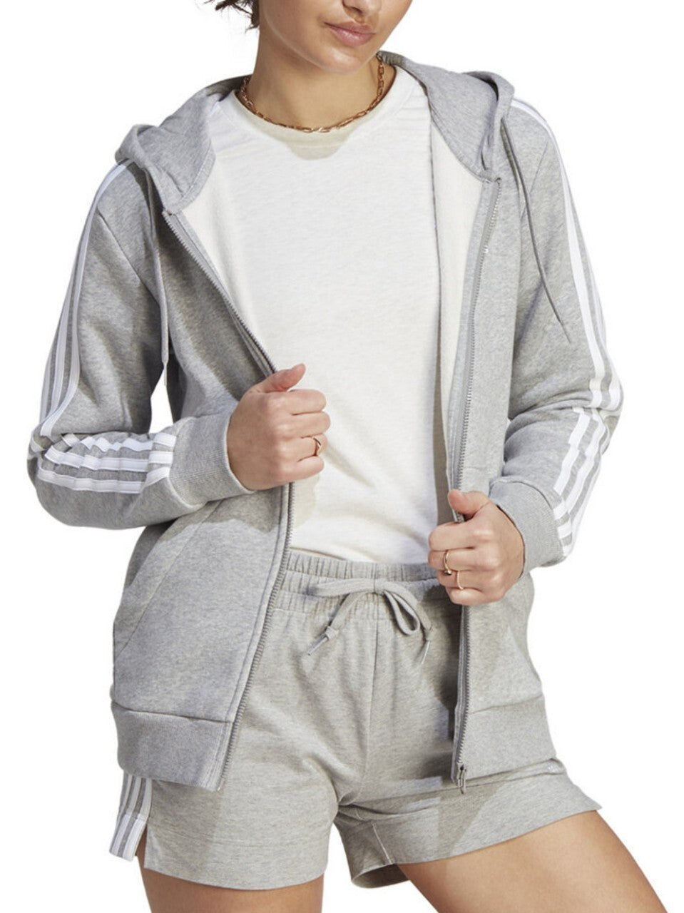 Adidas Women's Essentials 3-Stripe Full Zip Hoodie Grey Heather XS E10683 New