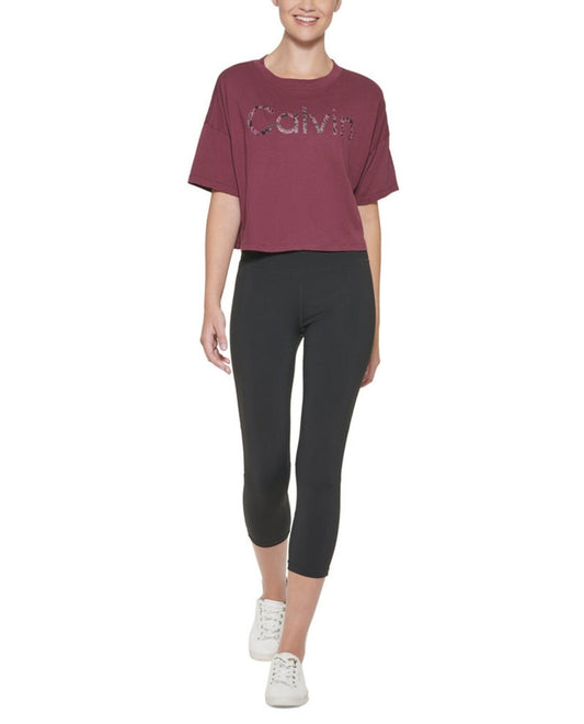 Calvin Klein Women's Performance Leopard Cropped Logo Tee Shirt Garnet XL NWT