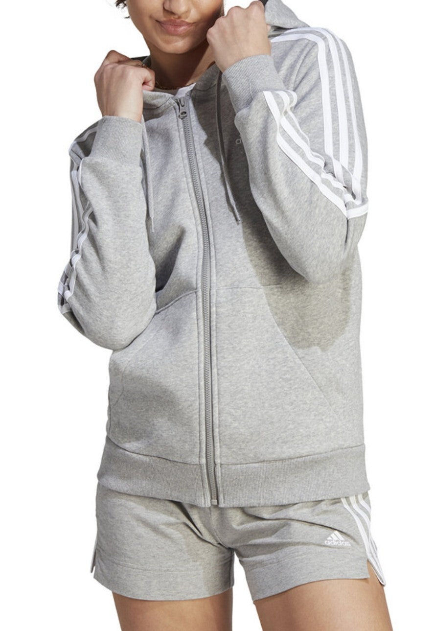 Adidas Women's Essentials 3-Stripe Full Zip Hoodie Grey Heather XS E10683 New