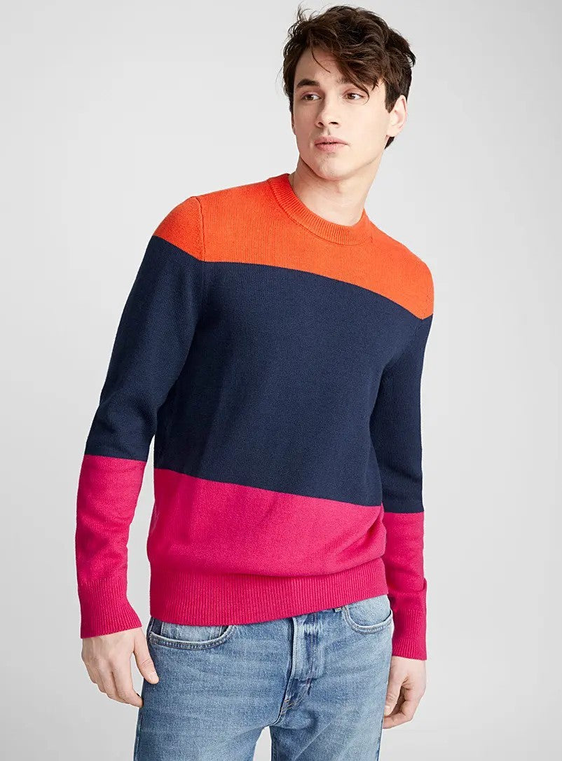 Calvin Klein Mens Colorblocked Cotton Blend Stripe Sweater Lrg Blue Orange Pink