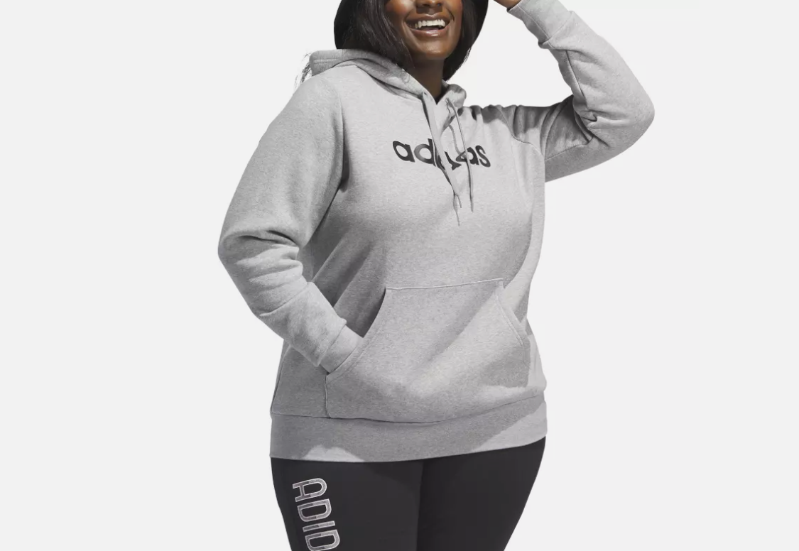 Adidas Women's Plus Size Trendy Pullover Logo Print Fleece Hoodie Grey NWT