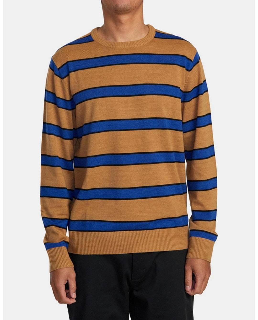 RVCA Mens Regular Fit Pullover Crewneck Sweater Alex StripeButterscotch Large 