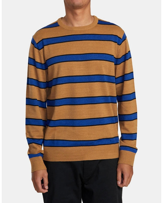 RVCA Mens Regular Fit Pullover Crewneck Sweater Alex StripeButterscotch Large 
