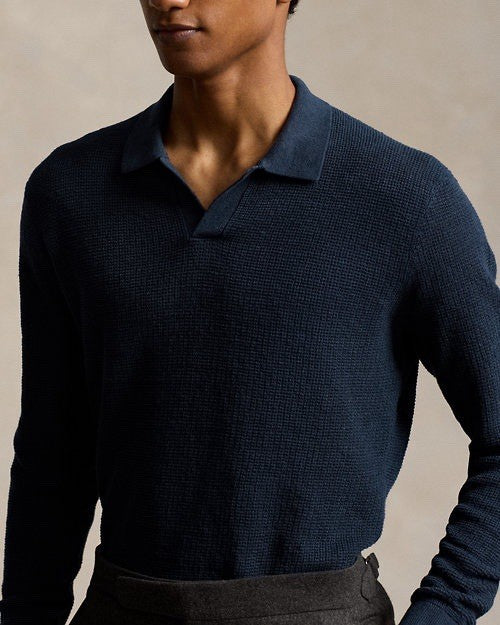 Polo Ralph Lauren Mens Linen Mesh Knit Regular Fit Polo Sweater Medium Navy NWT