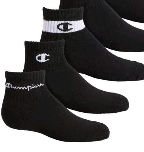 Champion Little Boys 6-Pack Logo Quarter Socks Size 5-7 / 10C-3Y Black NWT