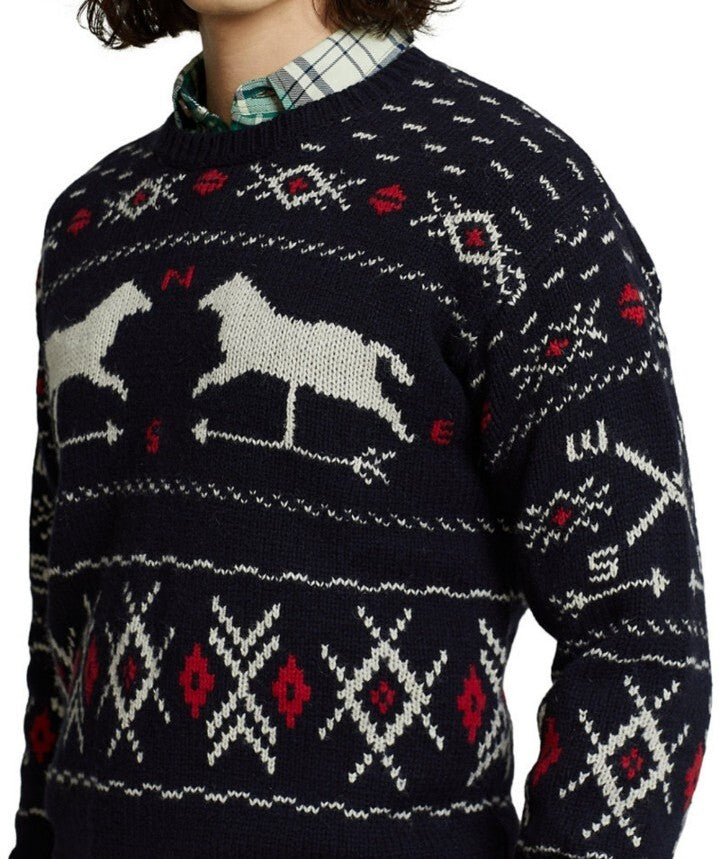 Polo Ralph Lauren Men's Wool Fair Isle Twin Horse Knit Sweater Navy Large $398