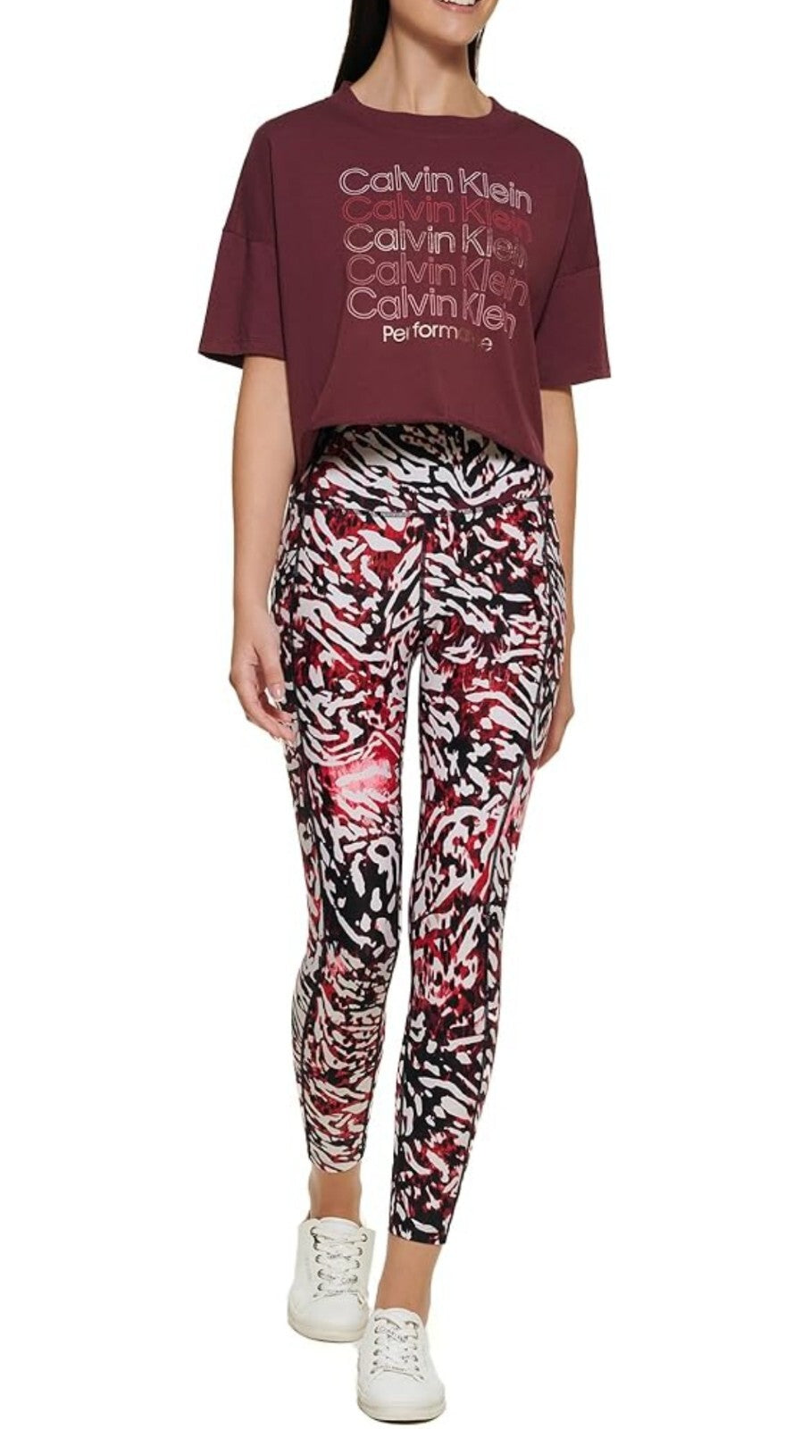 Calvin Klein Women's Printed High-waist Leggings With Pocket Ram Garnet NWT