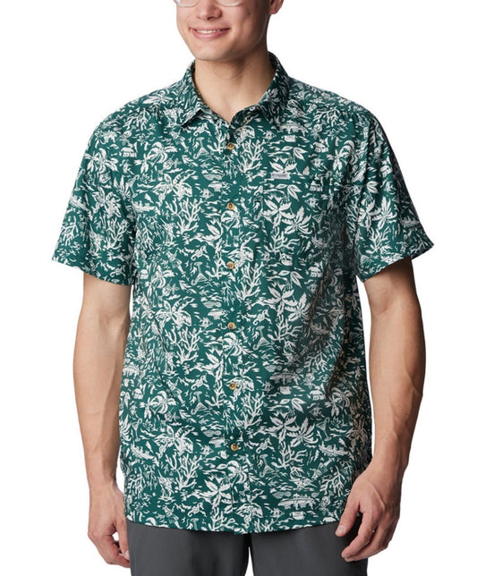 COLUMBIA Men's PFG Super Slack Tide Camp Shirt Green Print Small Omni-Wick NWT