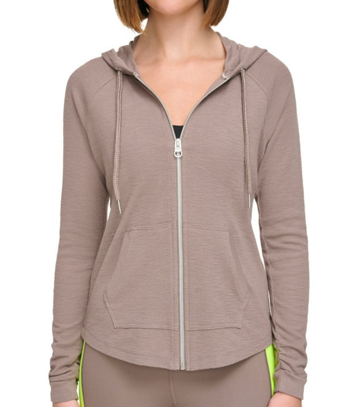 Calvin Klein Women's Performance Ruched-Sleeve Zip Hoodie Large Fossil NWT