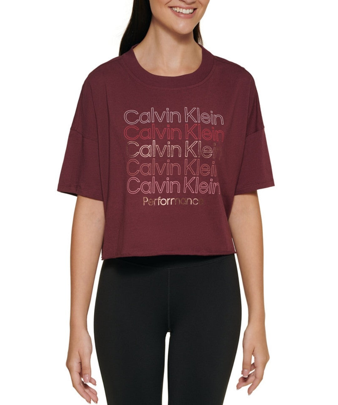 Calvin Klein Womens Performance Multi Logo Cropped T-Shirt Garnet Size Large NWT