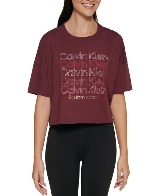 Calvin Klein Womens Performance Multi Logo Cropped T-Shirt Garnet Size Large NWT
