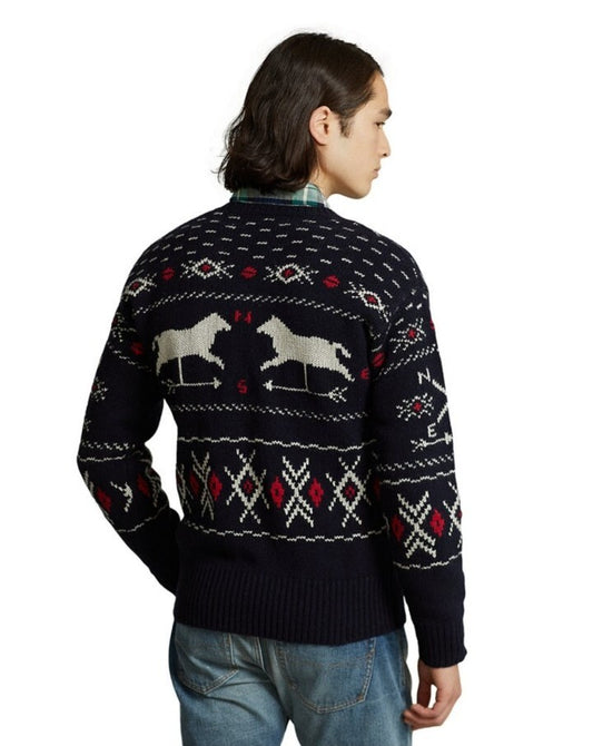 Polo Ralph Lauren Men's Wool Fair Isle Twin Horse Knit Sweater Navy Large $398