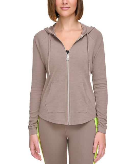 Calvin Klein Women's Performance Ruched-Sleeve Zip Hoodie Large Fossil NWT