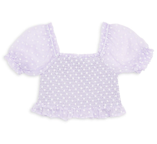 AQUA Girls Daisy Clip Dot Puff Sleeve Top Square Neck Big Kid Color Lilac New