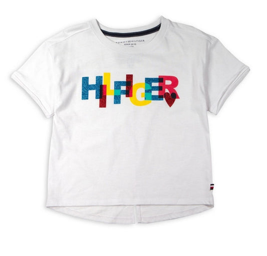 Tommy Hilfiger Girls Kids Heart Tee With Glitter Logo T-shirt White M (8/10) NWT
