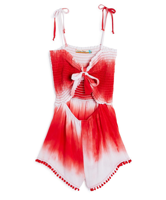 VINTAGE HAVANA Girls' Tie-Dyed Pom Pom Romper - Big Kid Color Red / Pink, XL NWT