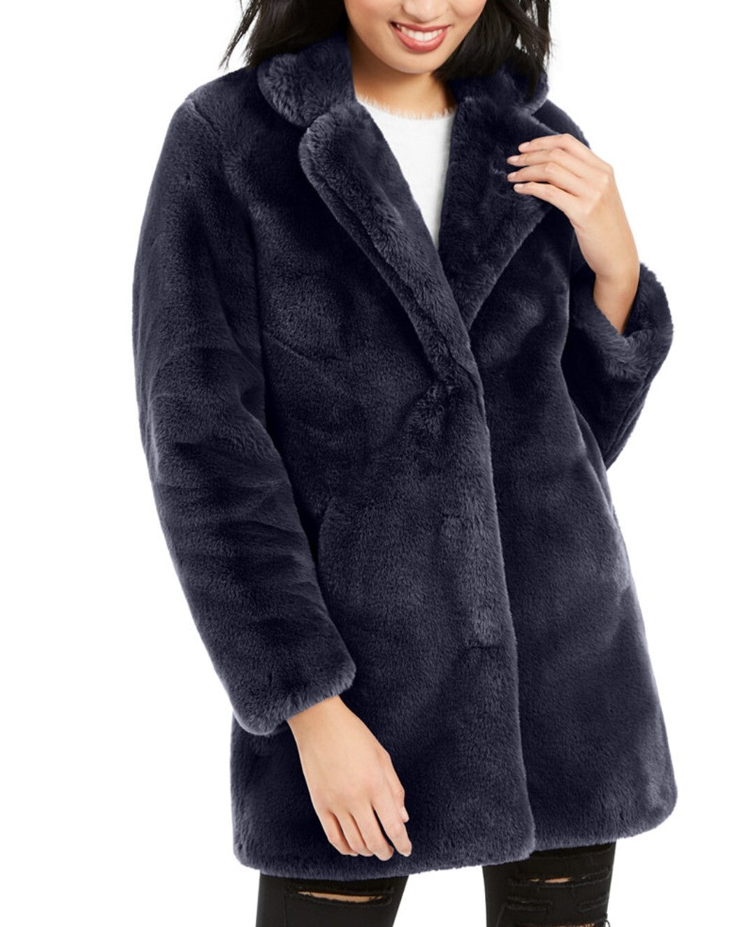 Apparis Women's Eloise Faux-Fur Notch Collared Teddy Coat, Size XL, Navy, NWT
