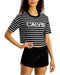 Calvin Klein Women's Performance Striped Short Sleeve Cropped Logo Tee Black NWT