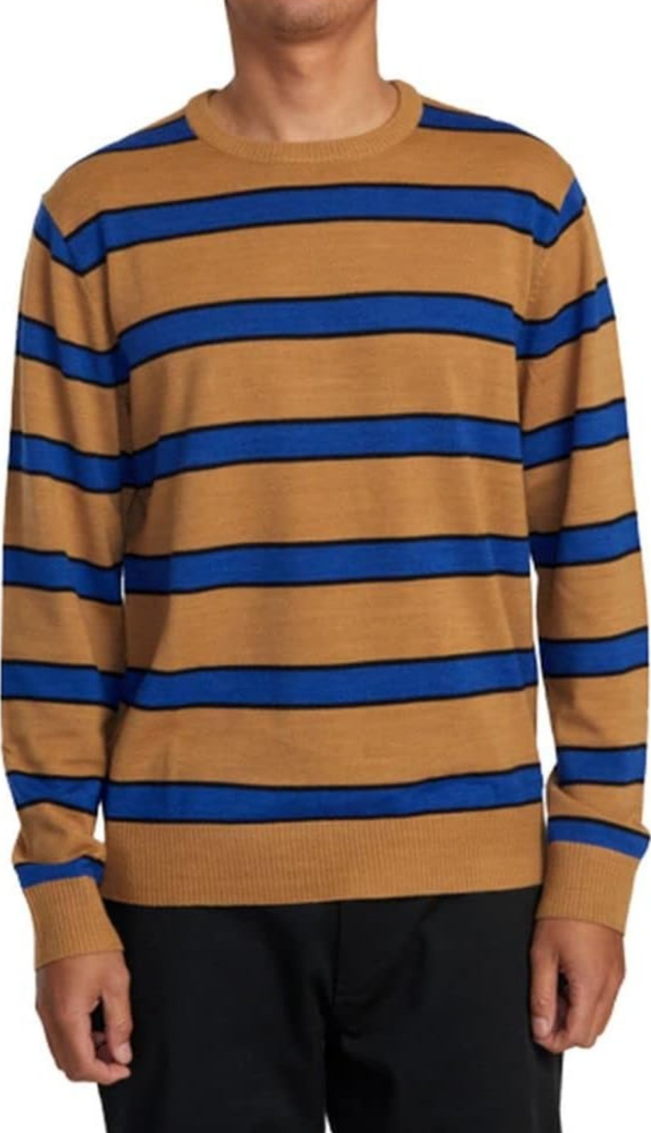 RVCA Mens Regular Fit Pullover Crewneck Sweater Alex StripeButterscotch Large 