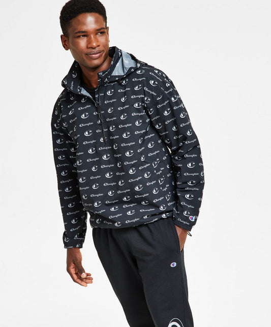 Champion Men's Standard Fit All Over Logo Jacket Hooded Half Zip Ripstop M Black