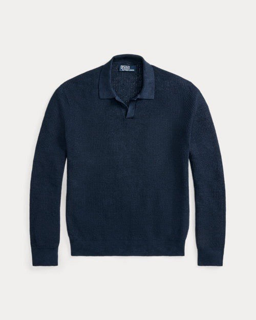 Polo Ralph Lauren Mens Linen Mesh Knit Regular Fit Polo Sweater Medium Navy NWT