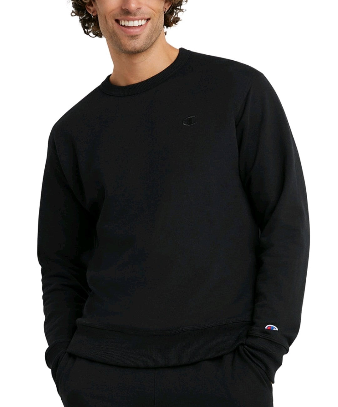 Champion Mens Powerblend Fleece C Logo Crewneck Sweatshirt Black Chz Size NWT