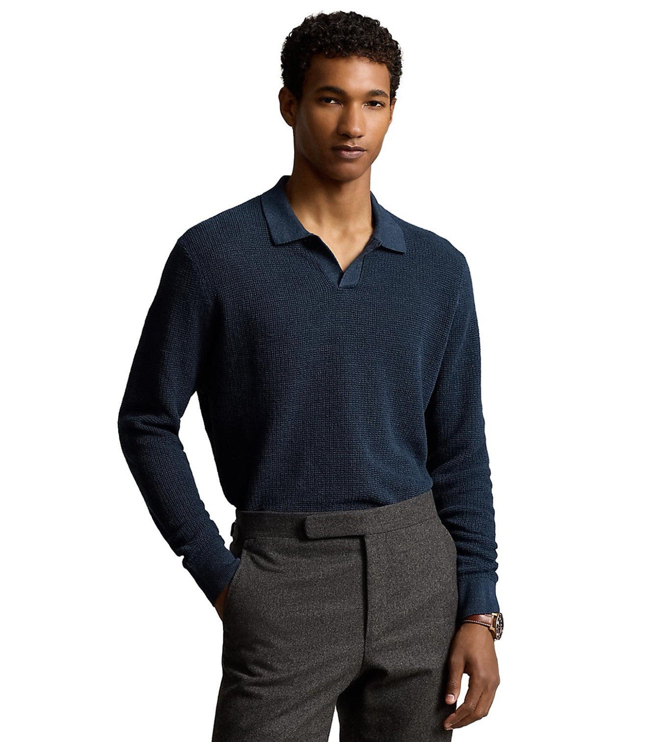 Polo Ralph Lauren Mens Linen Mesh Knit Regular Fit Polo Sweater Medium Navy NWT