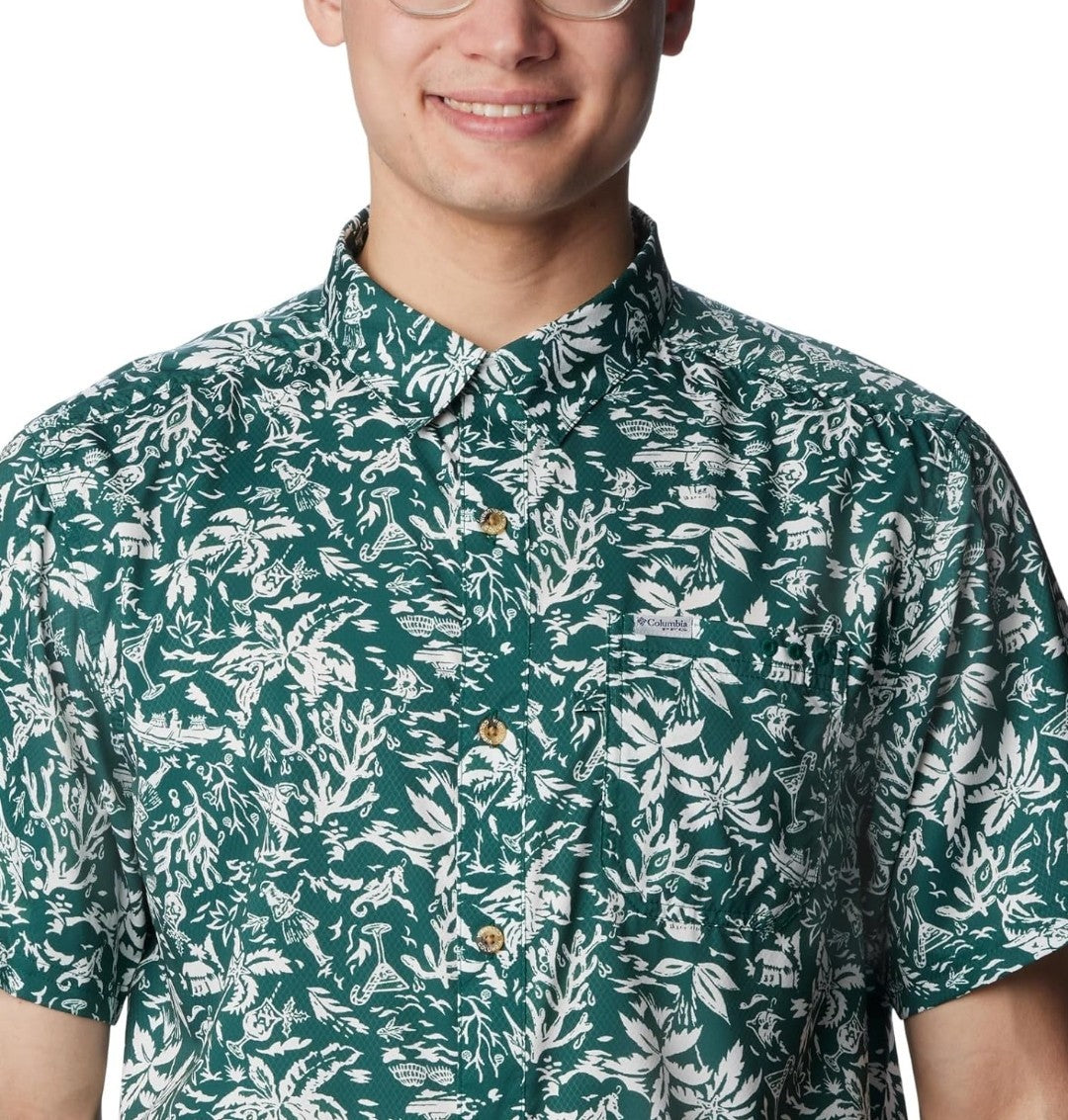 COLUMBIA Men's PFG Super Slack Tide Camp Shirt Green Print Small Omni-Wick NWT