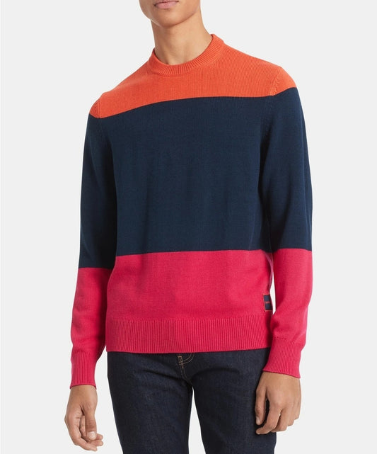 Calvin Klein Mens Colorblocked Cotton Blend Stripe Sweater Lrg Blue Orange Pink