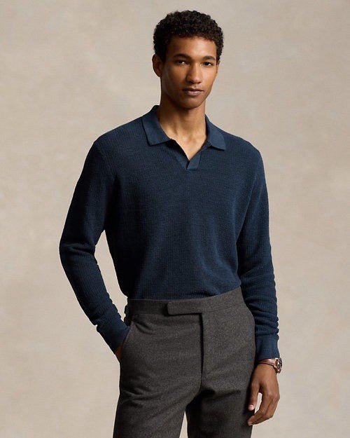 Polo Ralph Lauren Mens Linen Mesh Knit Regular Fit Polo Sweater Medium Navy NWT