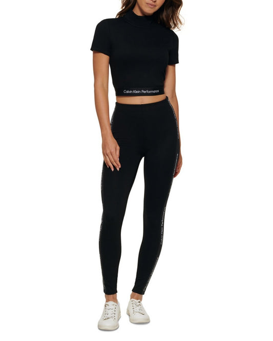Calvin Klein Women's Performance Mock-Neck Logo Trim Crop Top Black Large NWT
