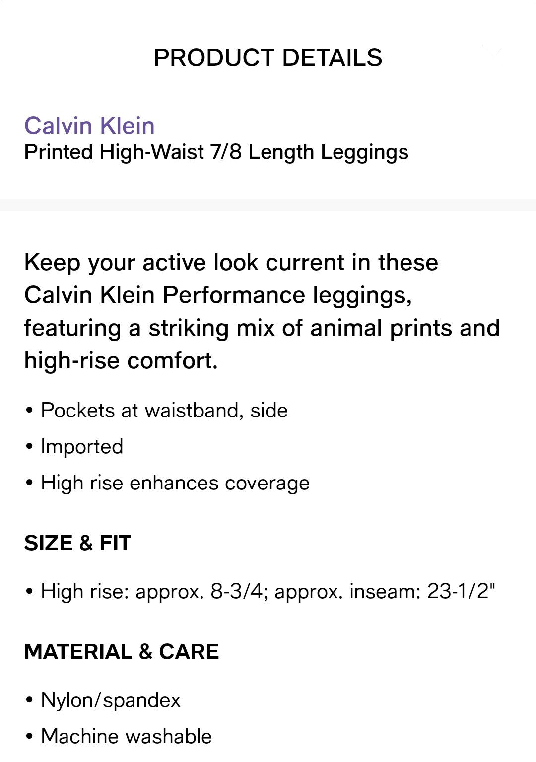 Calvin Klein Womens Printed High-waist Leggings, Newport Java Size Small NWT