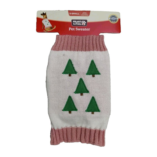 Heart To Tail Dog Sweater Sz. XS Christmas  Cream & Pink w/Green Winter Tree New