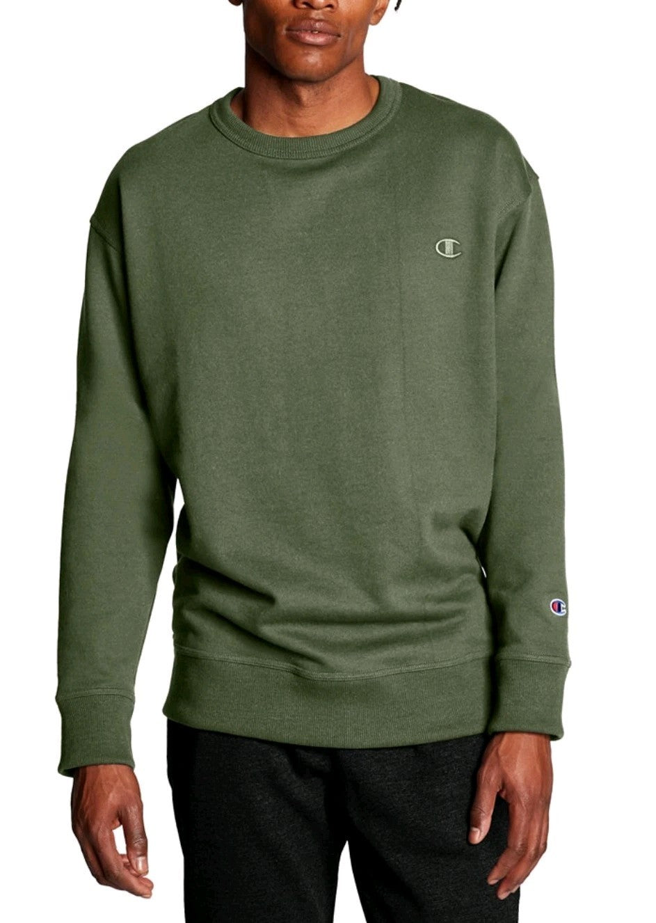 Champion Mens Powerblend Fleece C Logo Crewneck SweatshirtCargo Olive Small NWT