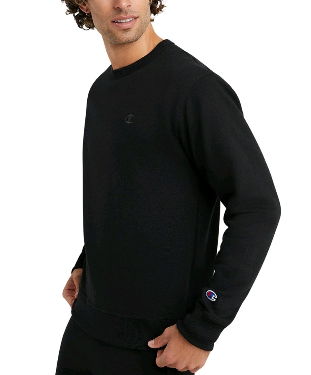 Champion Mens Powerblend Fleece C Logo Crewneck Sweatshirt Black Chz Size NWT