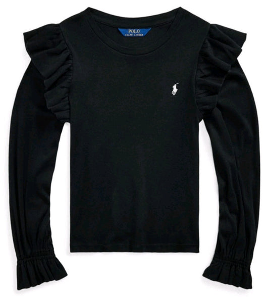 Polo Ralph Lauren Big Girls Ruffled Cotton Modal Long Sleeve Sweatshirt Black 4